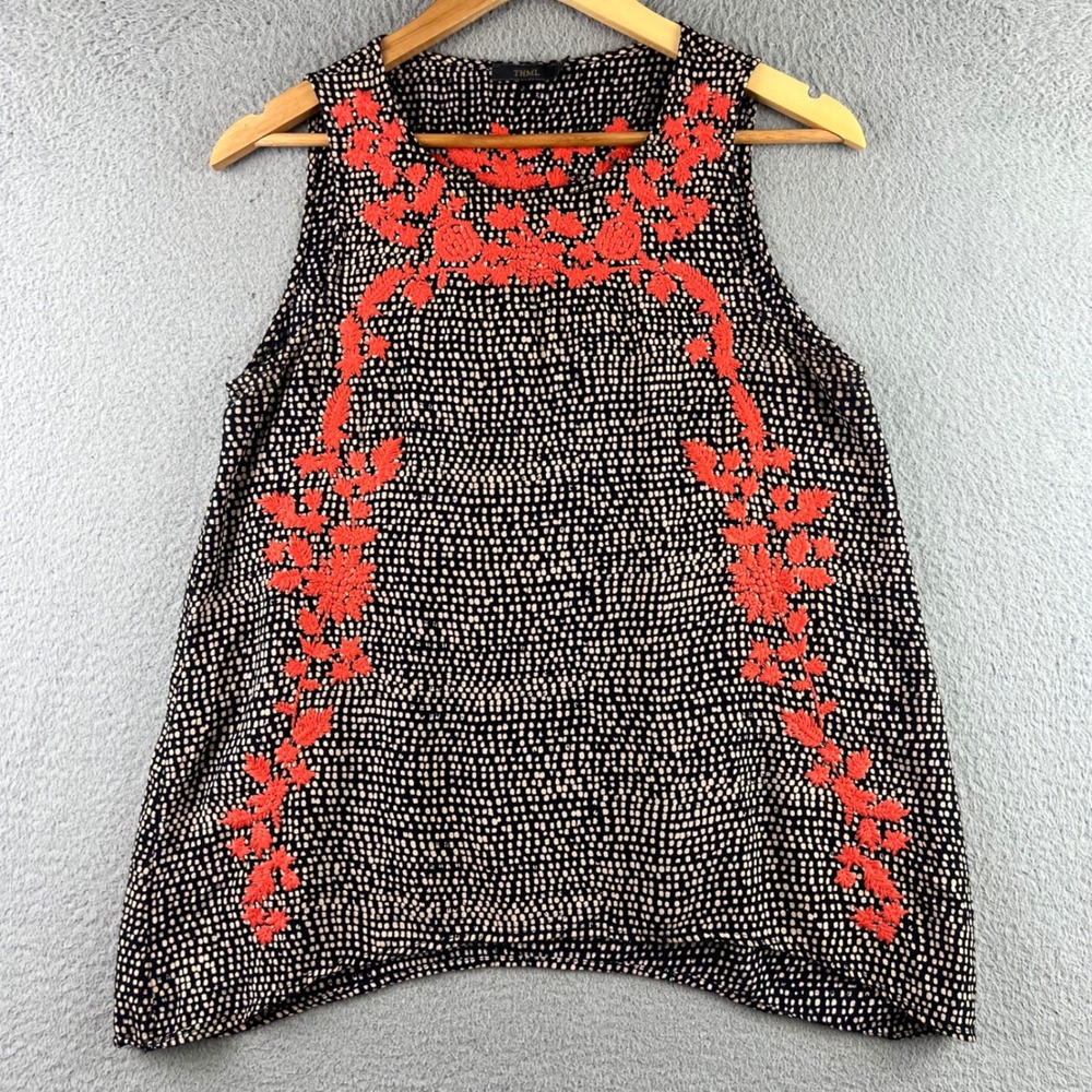 THML Women Black Tan Dot Coral Floral Embroidered Rayon Tank Top Medium
